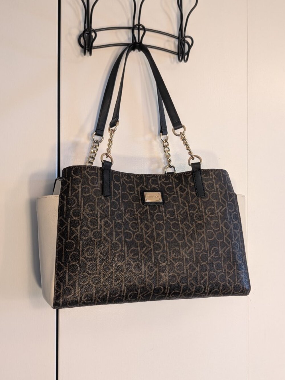 Calvin Klein Monogram Satchel Tote in Brown and Cream